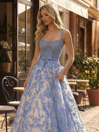Blue A-Line Baroque Lace Corset Prom Dress With Spaghetti Straps