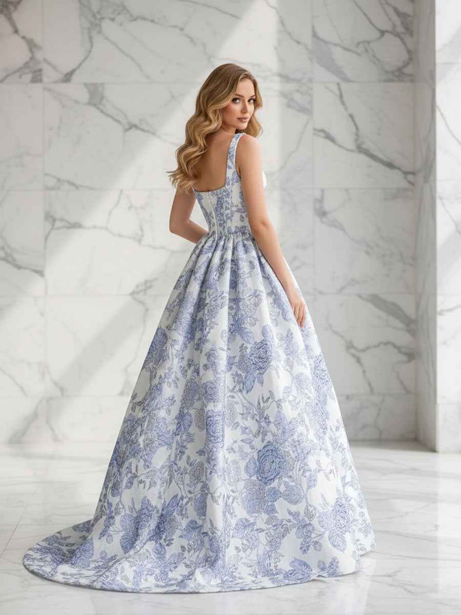 Blue Floral Square Neck Brocade Corset Fit Long Prom Dress A Line Gown