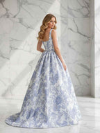 Blue Floral Square Neck Brocade Corset Fit Long Prom Dress A Line Gown