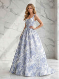 Blue Floral Square Neck Brocade Corset Fit Long Prom Dress A Line Gown
