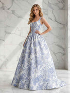 Blue Floral Square Neck Brocade Corset Fit Long Prom Dress A Line Gown