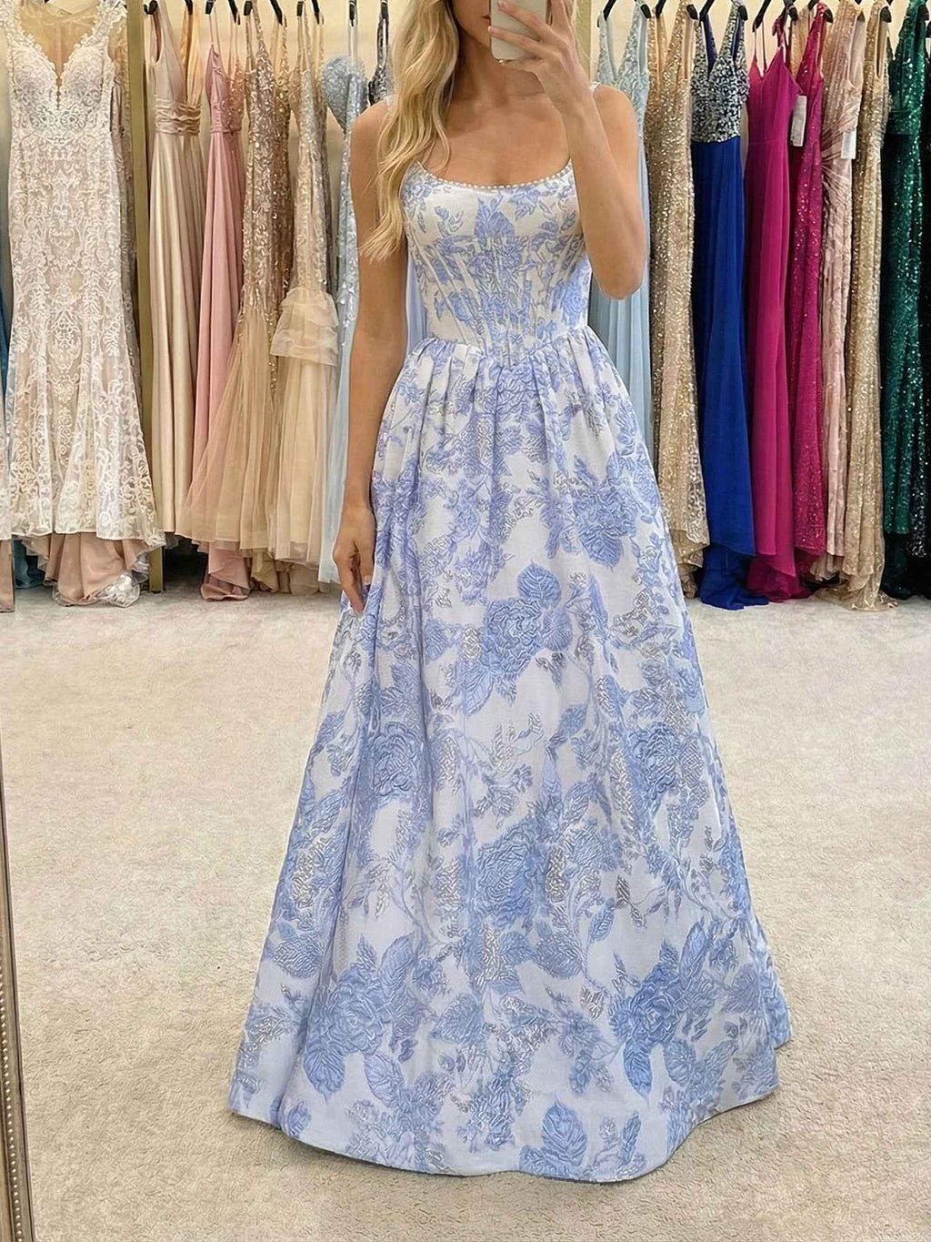 Blue Floral Brocade Corset Prom Dress With Square Neck Pearls And Full Ball Gown Skirt