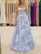 Blue Floral Brocade Corset Prom Dress With Square Neck Pearls And Full Ball Gown Skirt