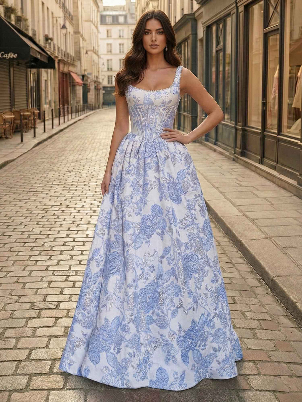 Blue Floral Brocade Corset Prom Dress With Square Neck Pearls And Full Ball Gown Skirt