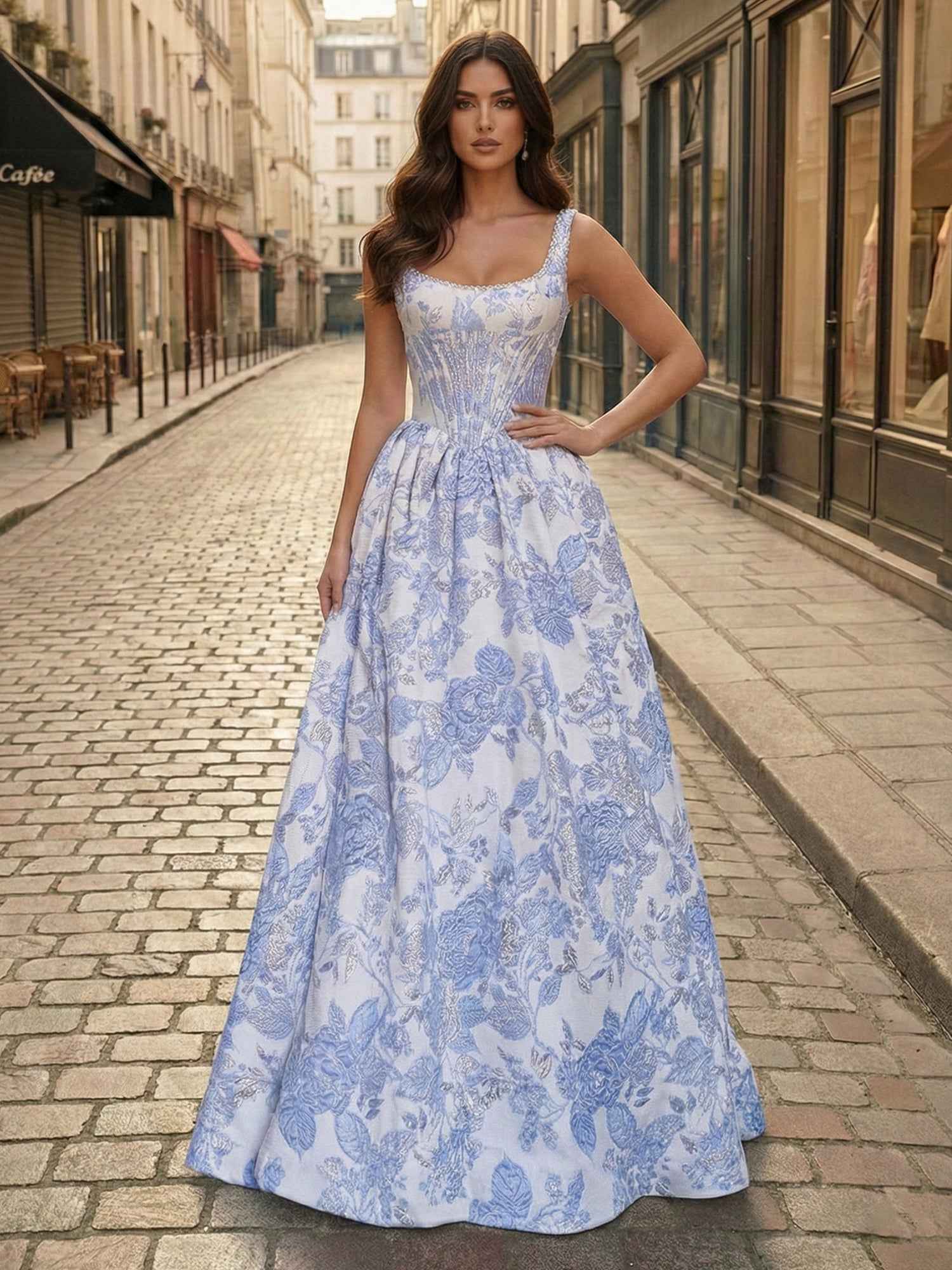 Blue Floral Brocade Corset Prom Dress With Square Neck Pearls And Full Ball Gown Skirt
