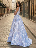 Blue Floral Brocade Corset Prom Dress With Square Neck Pearls And Full Ball Gown Skirt