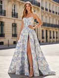 Blue Floral Brocade Prom Dress With Corset Bodice And Slit