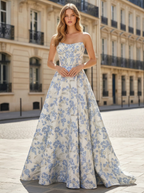 Blue Floral Brocade Prom Dress With Corset Bodice And Slit