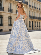 Blue Floral Brocade Prom Dress With Corset Bodice And Slit