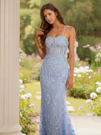 Light Blue Floral Lace Applique Corset Bodice Spaghetti Strap Prom Dress