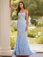 Light Blue Floral Lace Applique Corset Bodice Spaghetti Strap Prom Dress