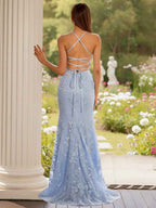 Light Blue Floral Lace Applique Corset Bodice Spaghetti Strap Prom Dress