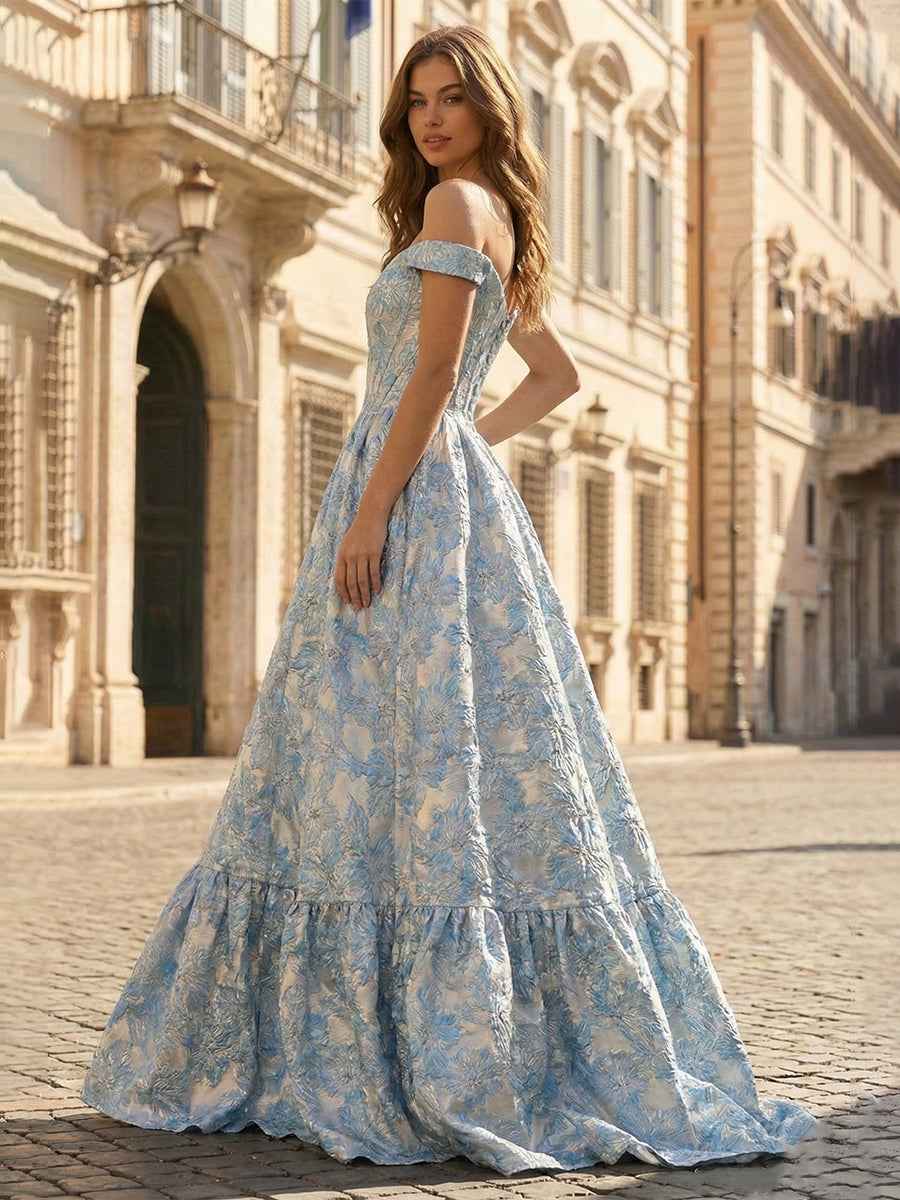 Light Blue Floral Jacquard Off Shoulder Corset Prom Dress A Line