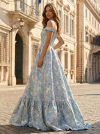 Light Blue Floral Jacquard Off Shoulder Corset Prom Dress A Line