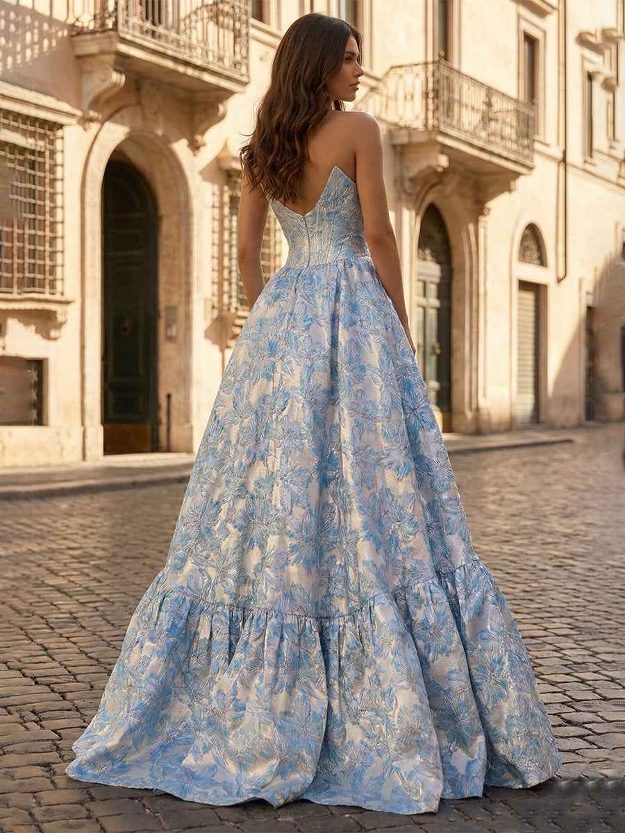 Light Blue Floral Jacquard Off Shoulder Corset Prom Dress A Line