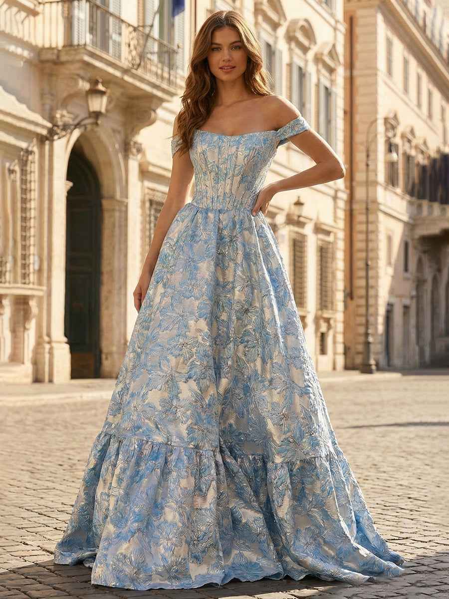 Light Blue Floral Jacquard Off Shoulder Corset Prom Dress A Line