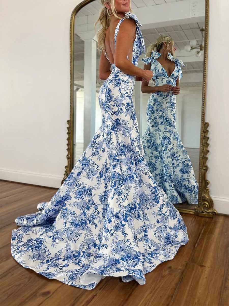 Blue Floral V Neck Prom Dress With Tie Shoulder Bow Straps