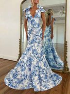 Blue Floral V Neck Prom Dress With Tie Shoulder Bow Straps