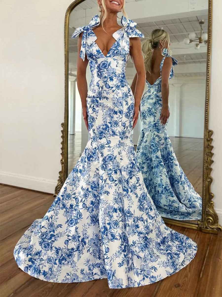Blue Floral V Neck Prom Dress With Tie Shoulder Bow Straps
