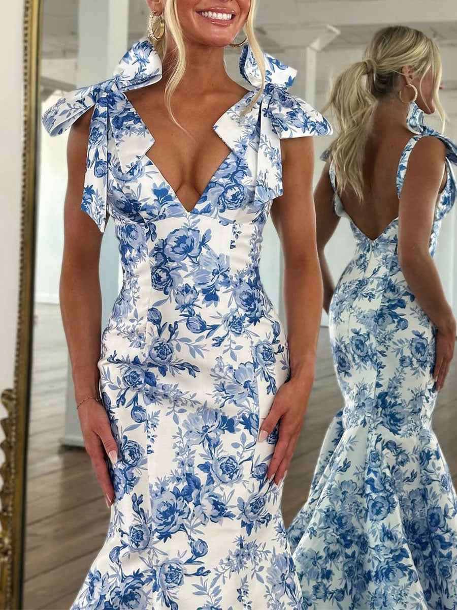 Blue Floral V Neck Prom Dress With Tie Shoulder Bow Straps