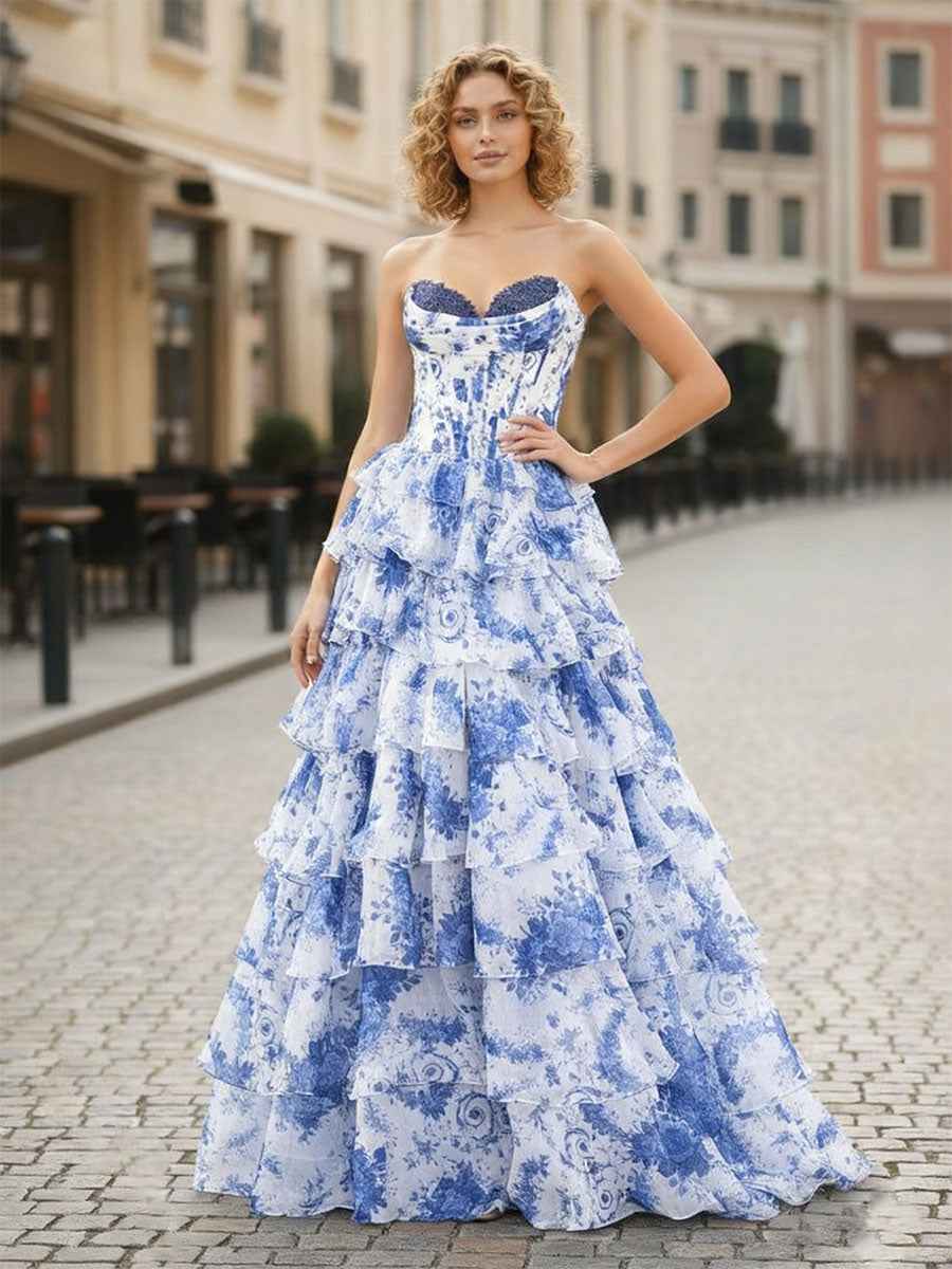 Blue Floral Strapless Ruffle Corset Prom Dress With Slit