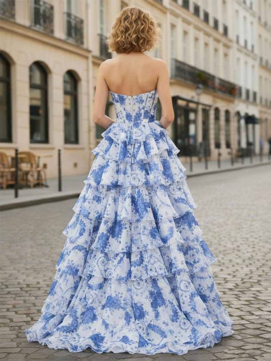 Blue Floral Strapless Ruffle Corset Prom Dress With Slit
