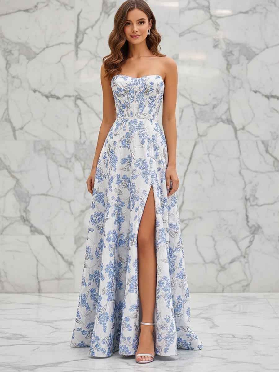 Blue Floral Strapless Corset Prom Dress With Long Slit