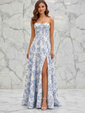 Blue Floral Strapless Corset Prom Dress With Long Slit