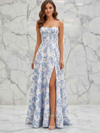 Blue Floral Strapless Corset Prom Dress With Long Slit