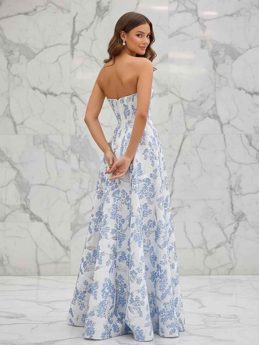 Blue Floral Strapless Corset Prom Dress With Long Slit
