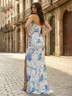 Blue Floral Strapless Ruched Long Prom Dress With Slit