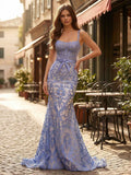Blue Floral Sweetheart Corset Prom Dress With Spaghetti Straps