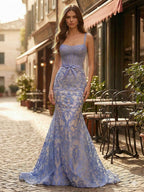 Blue Floral Sweetheart Corset Prom Dress With Spaghetti Straps