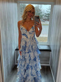 Blue Floral V Neck Tiered Ruffle A Line Prom Dress