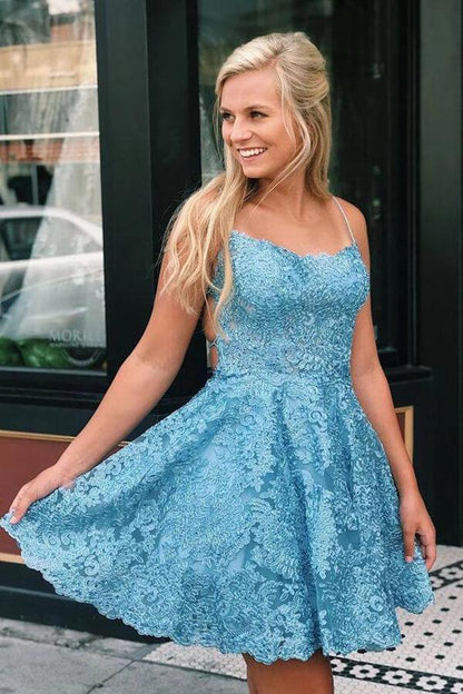 Blue Lace A-line Cross Back Spaghetti Straps Short Homecoming Dresses