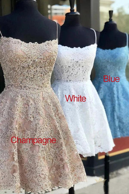 Blue Lace A-line Cross Back Spaghetti Straps Short Homecoming Dresses