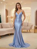 Light Blue Mermaid Prom Dress Rhinestone V Neck