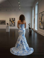 Blue Mermaid Strapless Sweetheart Floral Floor Length Prom Dress