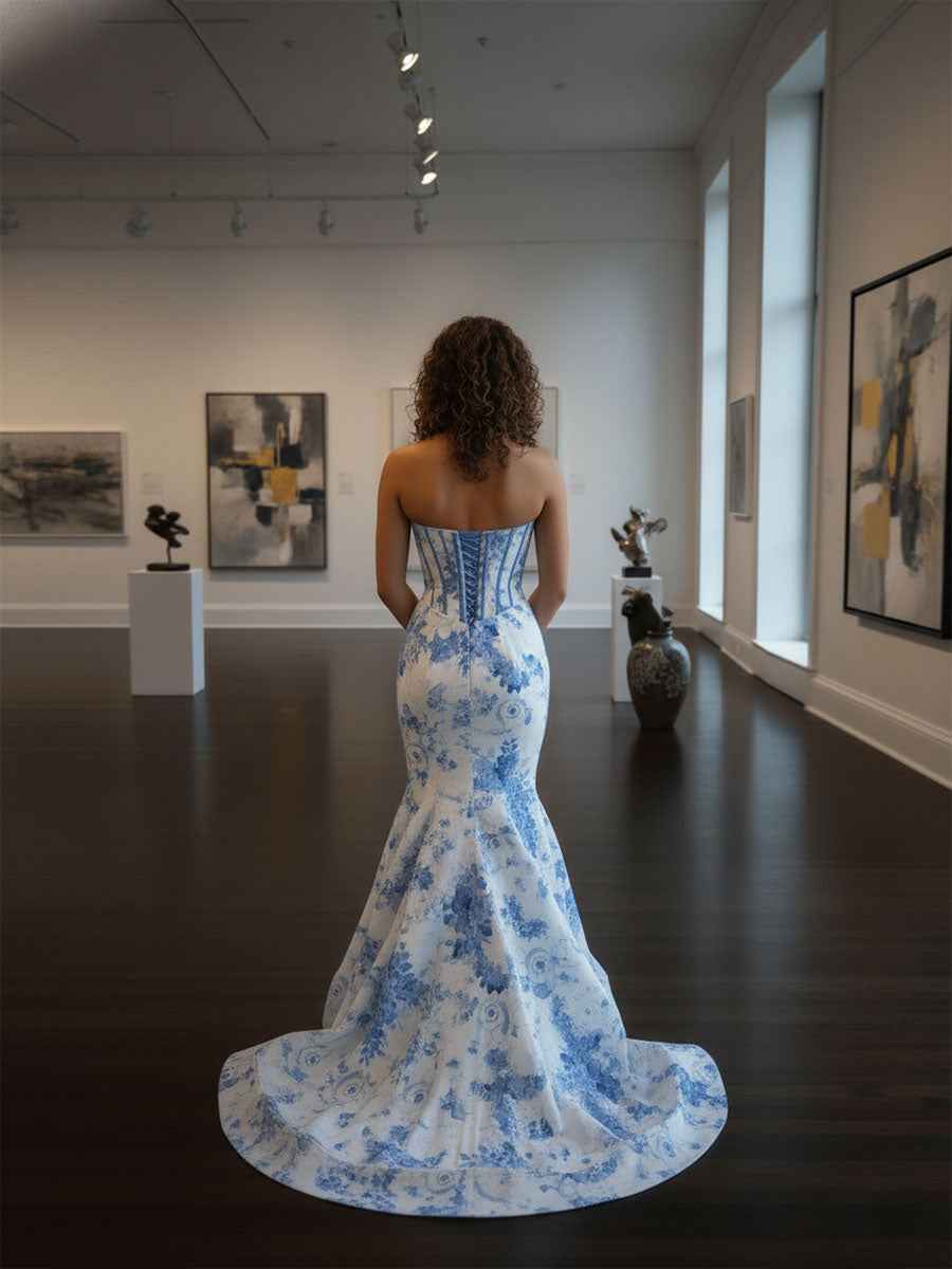Blue Mermaid Strapless Sweetheart Floral Floor Length Prom Dress