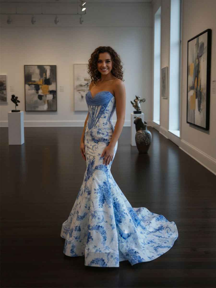 Blue Mermaid Strapless Sweetheart Floral Floor Length Prom Dress