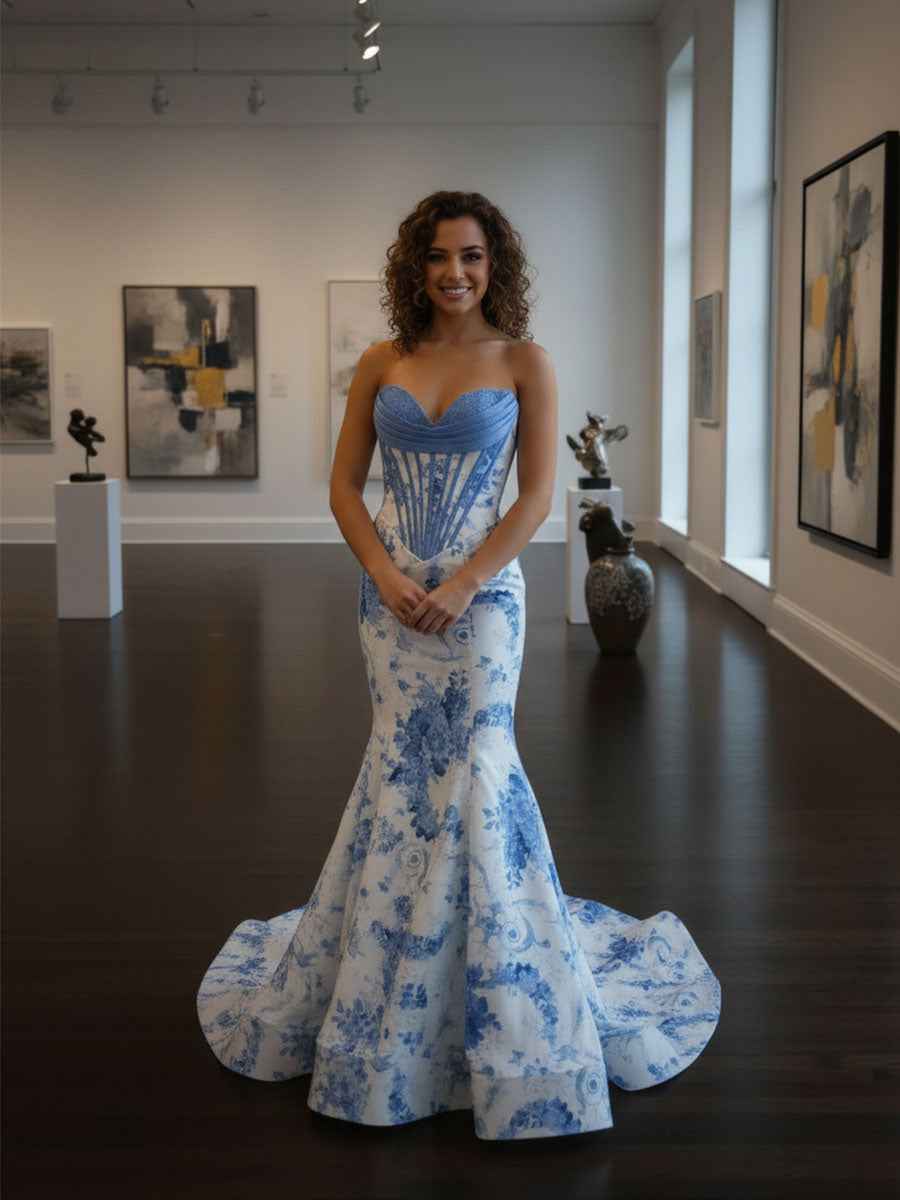 Blue Mermaid Strapless Sweetheart Floral Floor Length Prom Dress