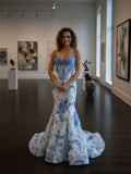 Blue Mermaid Strapless Sweetheart Floral Floor Length Prom Dress