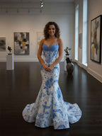 Blue Mermaid Strapless Sweetheart Floral Floor Length Prom Dress