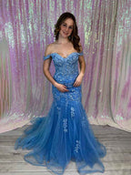 Blue Off The Shoulder Floral Lace Mermaid Prom Dress