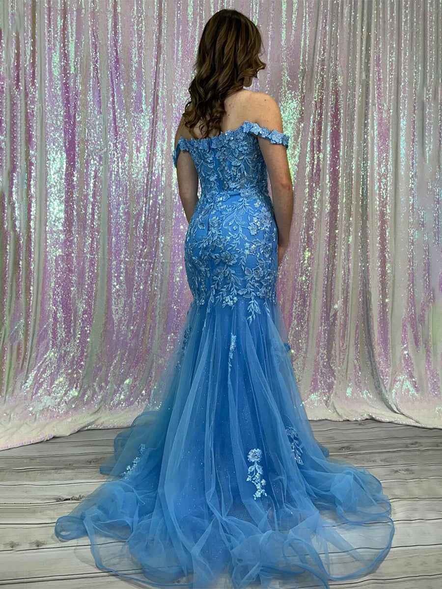 Blue Off The Shoulder Floral Lace Mermaid Prom Dress