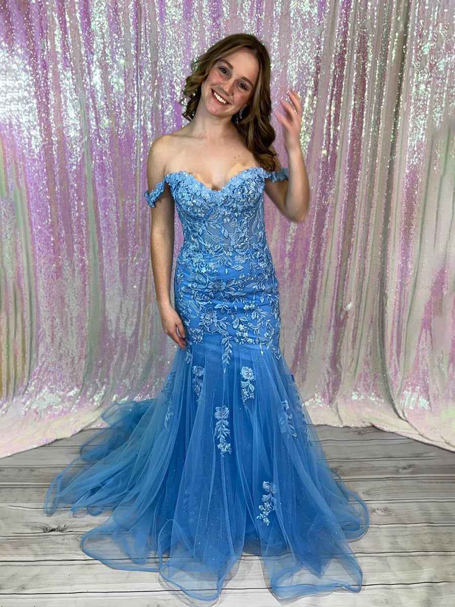 Blue Off The Shoulder Floral Lace Mermaid Prom Dress