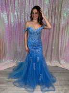 Blue Off The Shoulder Floral Lace Mermaid Prom Dress