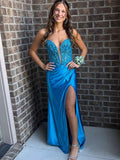 Electric Blue Plunge Neck Mermaid Long Prom Dress With Sequin Appliques
