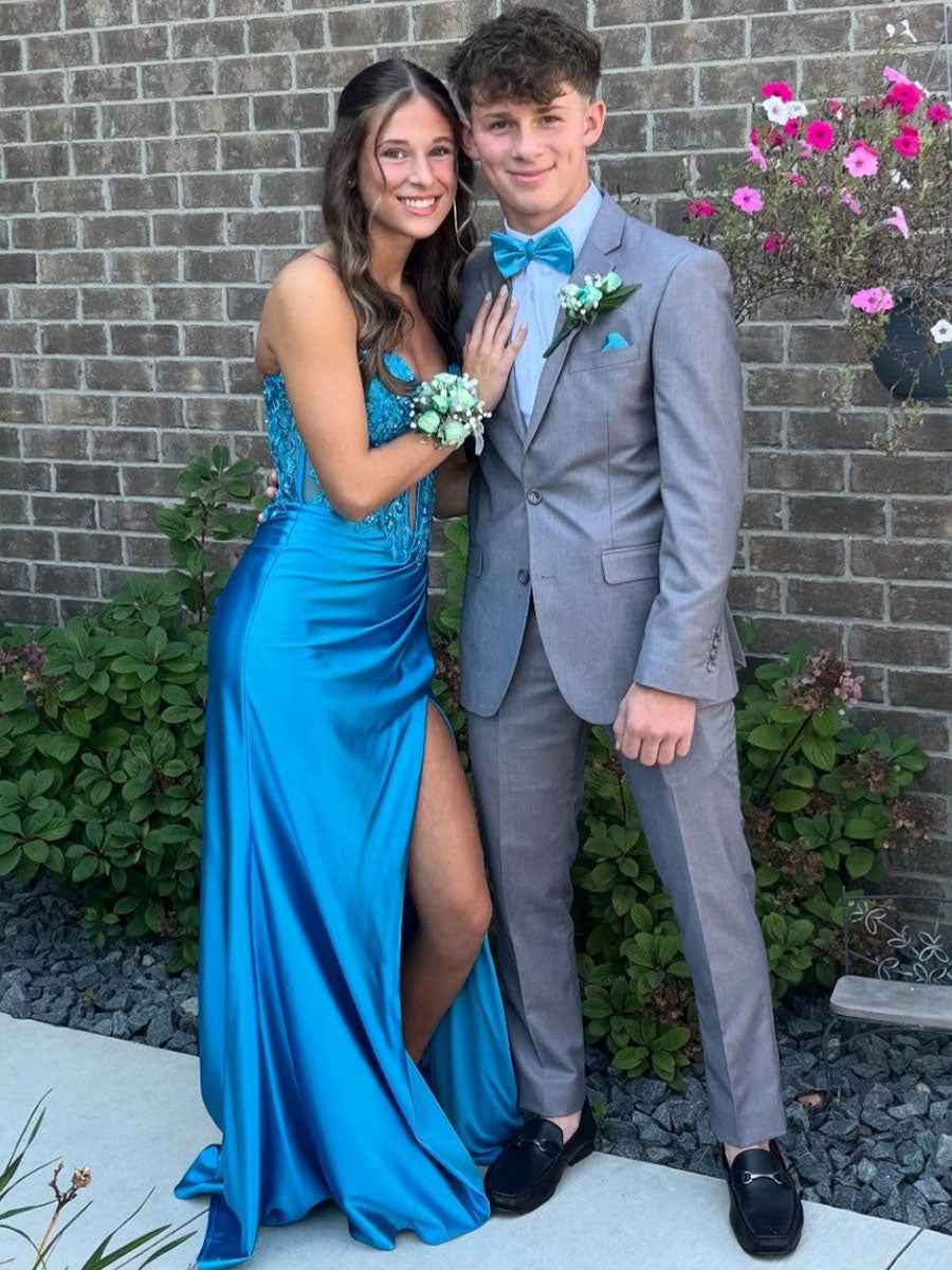 Electric Blue Plunge Neck Mermaid Long Prom Dress With Sequin Appliques
