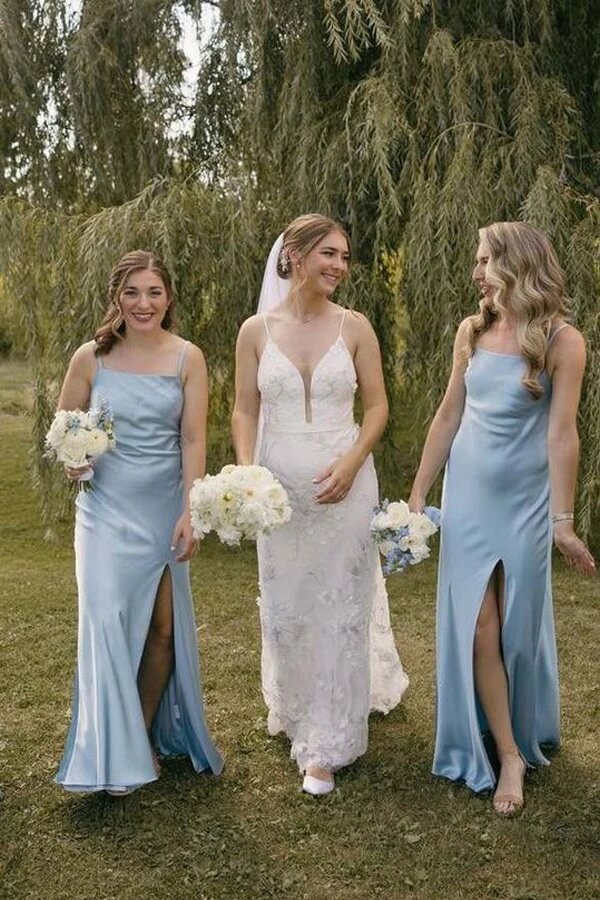 Blue Satin Sheath Spaghetti Straps Long Bridesmaid Dresses With Slit